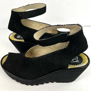 Fly London Yala Wedge Perforated Leather Peep Toe Sandals 37/6.5 Black Trendy
